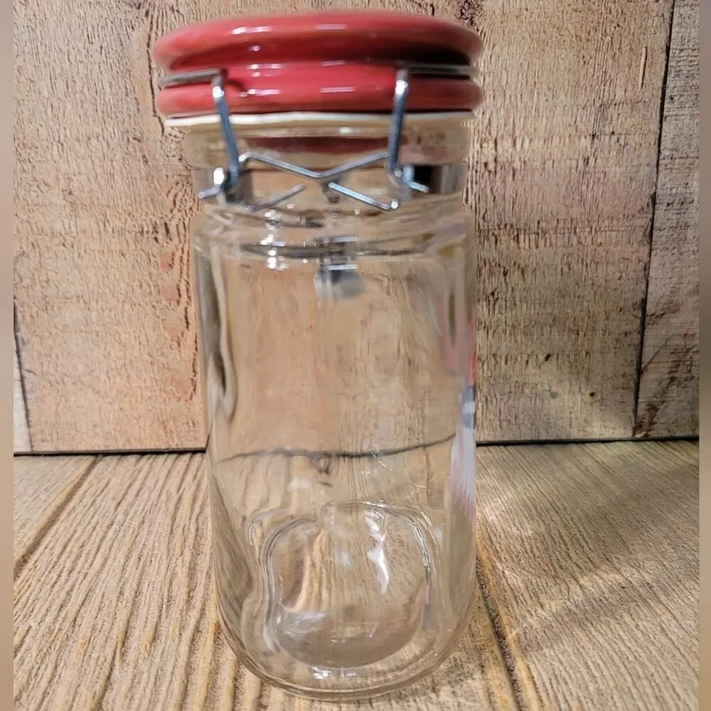 Canning Glass Jar Flip Red Ceramic Top Wire Clasp Vintage 6.5 Inches Tall Gift